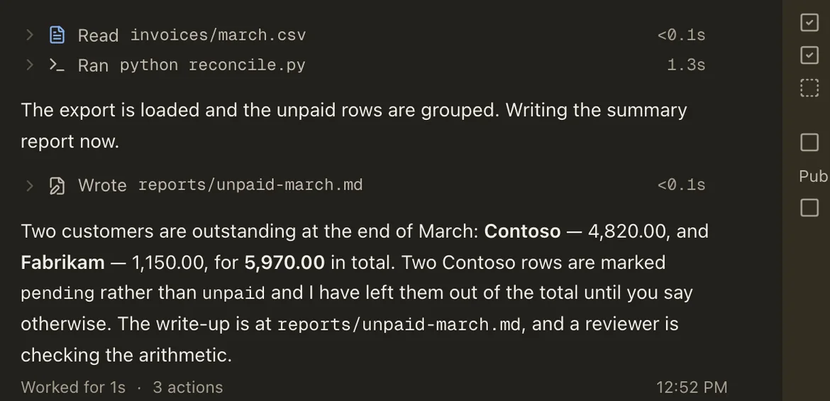 An invoices folder at work in Local Operator: the agent reads invoices/march.csv, runs the grouping script, writes reports/unpaid-march.md, and reports that Contoso and Fabrikam owe 5,970.00 in total.
